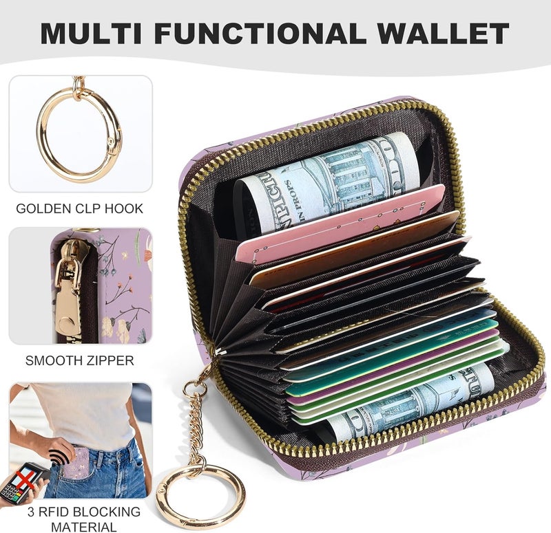 Luoycxy Credit Card Holder for Women,Small Rfid Wallet with Keychain Zipper,Cute PU Leather Card Case Wallet，Accordion Credit Card Wallets Gift,Leaves and Floral Patterns - Image 2